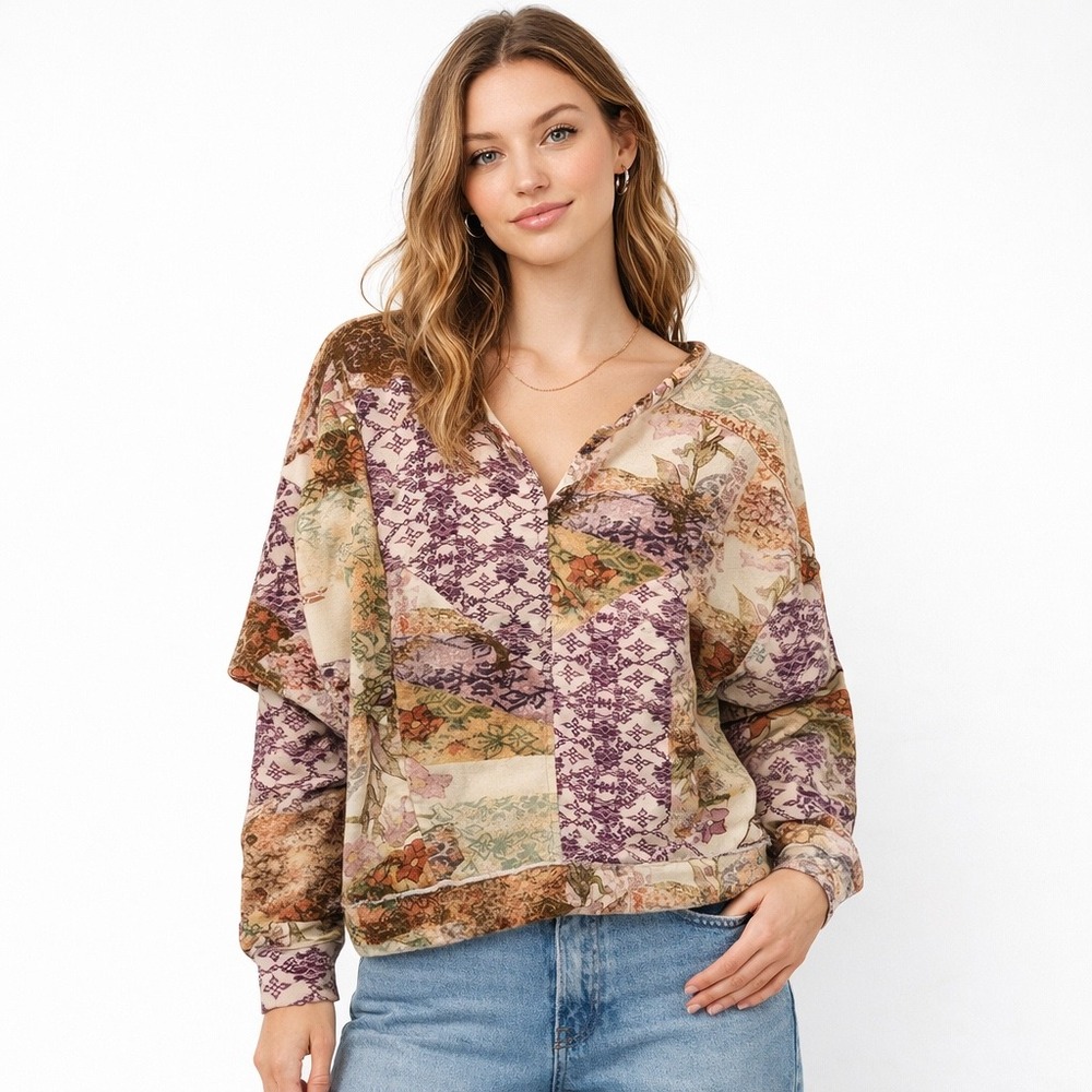 Pilcro Patchwork Neutral Motif Floral Print Notched Sweatshirt Pullover Women M